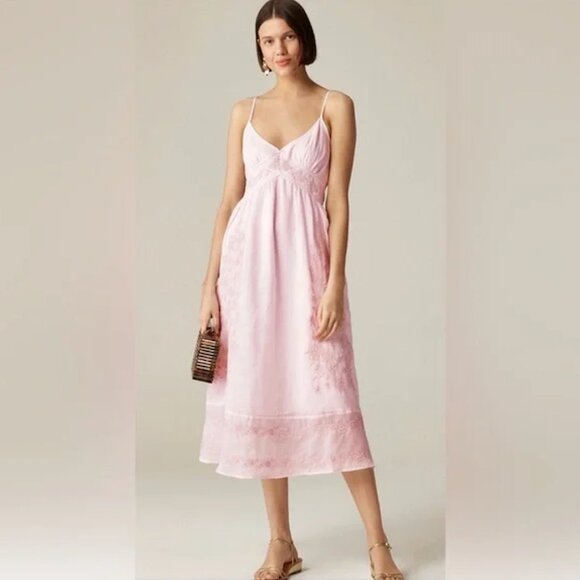 NWT J.Crew Embroidered Midi Slip Dress in Ramie Pink - Picture 1 of 11